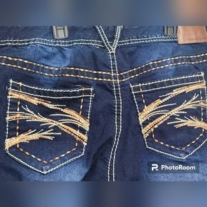 Maurices Dark Blue Straight Leg Jeans with Gold Embroidery